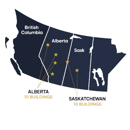 InvestPlus Industrial REIT Western Canada Portfolio Map — Alberta 9 Buildings, Saskatchewan 11 Buildings
