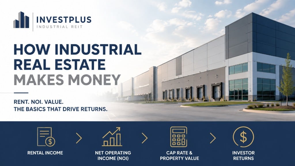 How industrial real estate makes money graphic showing rental income, net operating income, cap rate and property value, and investor returns for InvestPlus Industrial REIT