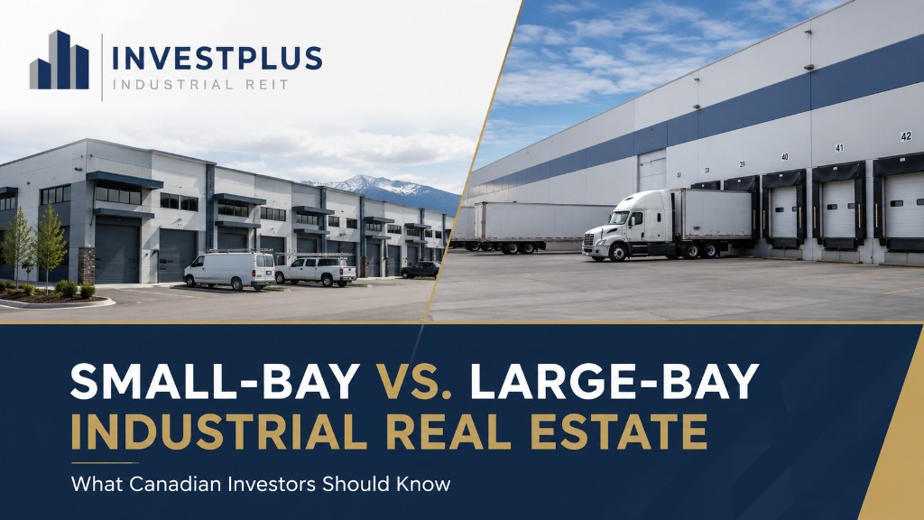 Comparison graphic showing a multi-tenant small-bay industrial building versus a large-bay distribution centre with a semi-truck at a loading dock, titled Small-Bay vs. Large-Bay Industrial Real Estate for InvestPlus Industrial REIT