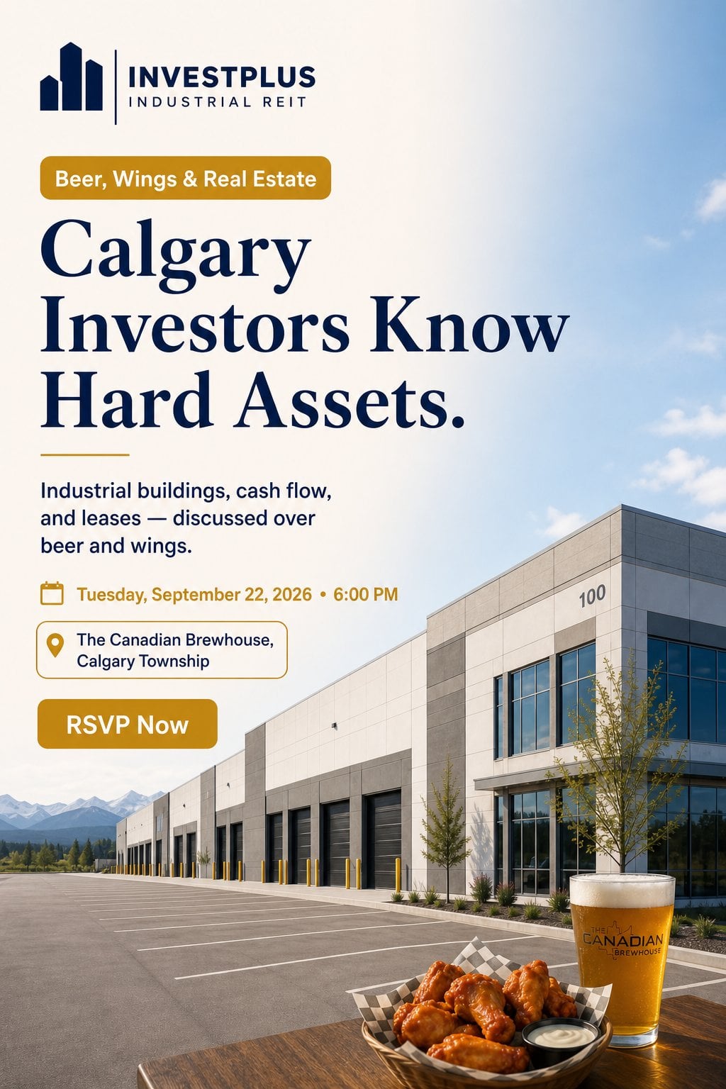 Event poster for InvestPlus Beer & Wings at Calgary Township on Sept 22, 2026