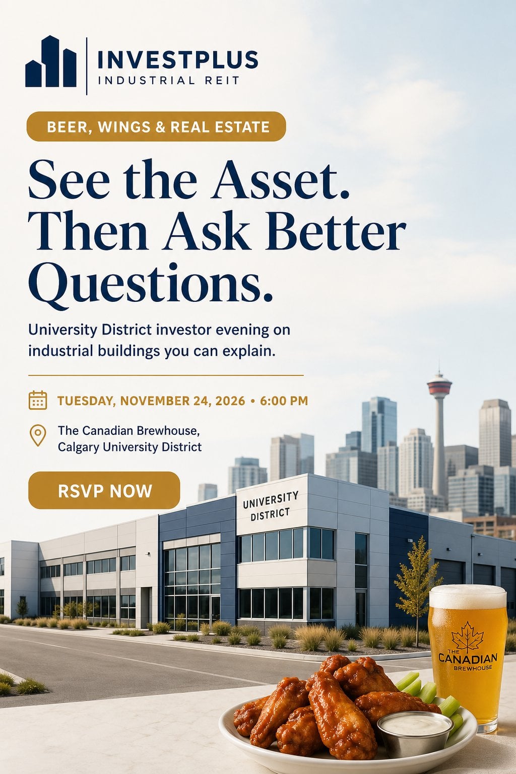 Event poster for InvestPlus Beer & Wings at Calgary University District on Nov 24, 2026