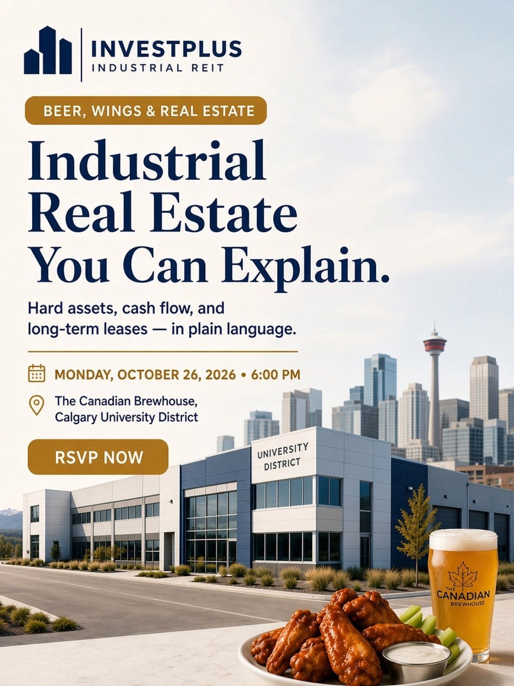 Event poster for InvestPlus Beer & Wings at Calgary University District on Oct 26, 2026