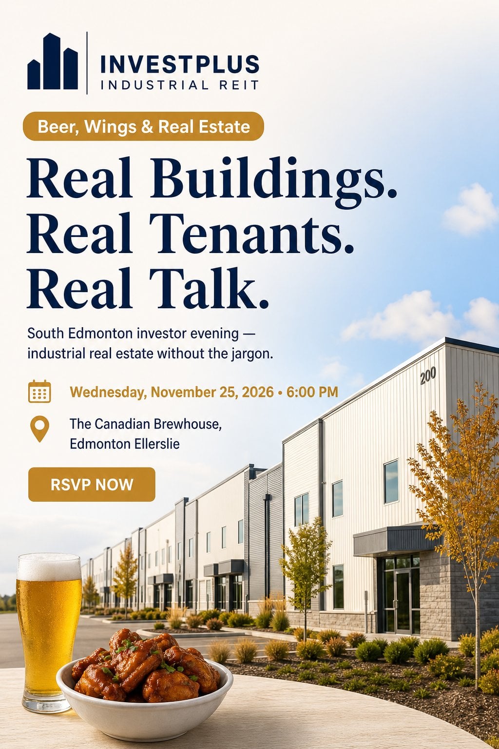 Event poster for InvestPlus Beer & Wings at Edmonton Ellerslie on Nov 25, 2026
