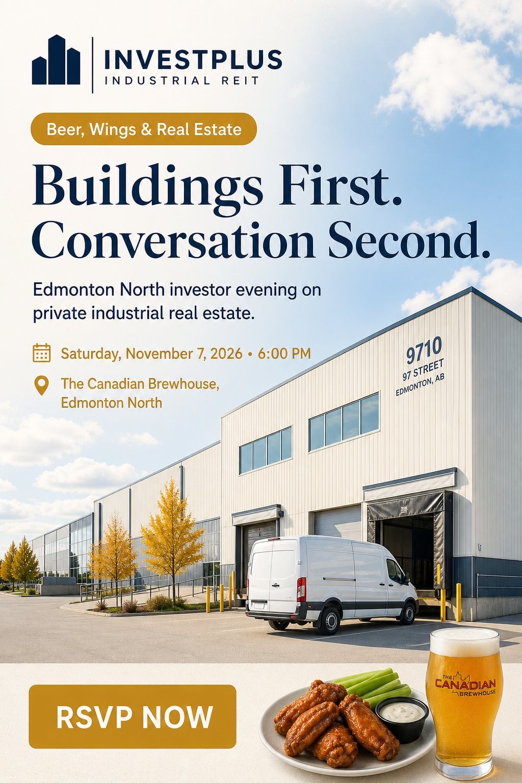 Event poster for InvestPlus Beer & Wings at Edmonton North on Nov 7, 2026