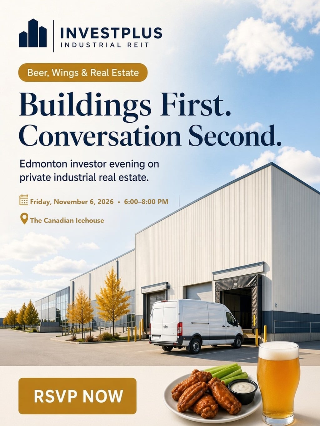 Event poster for InvestPlus Beer & Wings at Canadian Icehouse on Nov 6, 2026