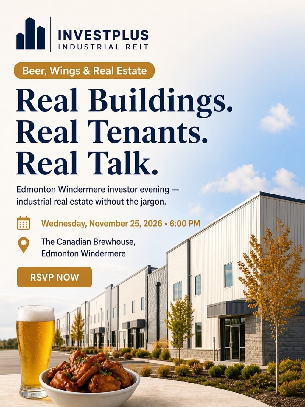 Event poster for InvestPlus Beer & Wings at Edmonton Windermere on Nov 25, 2026