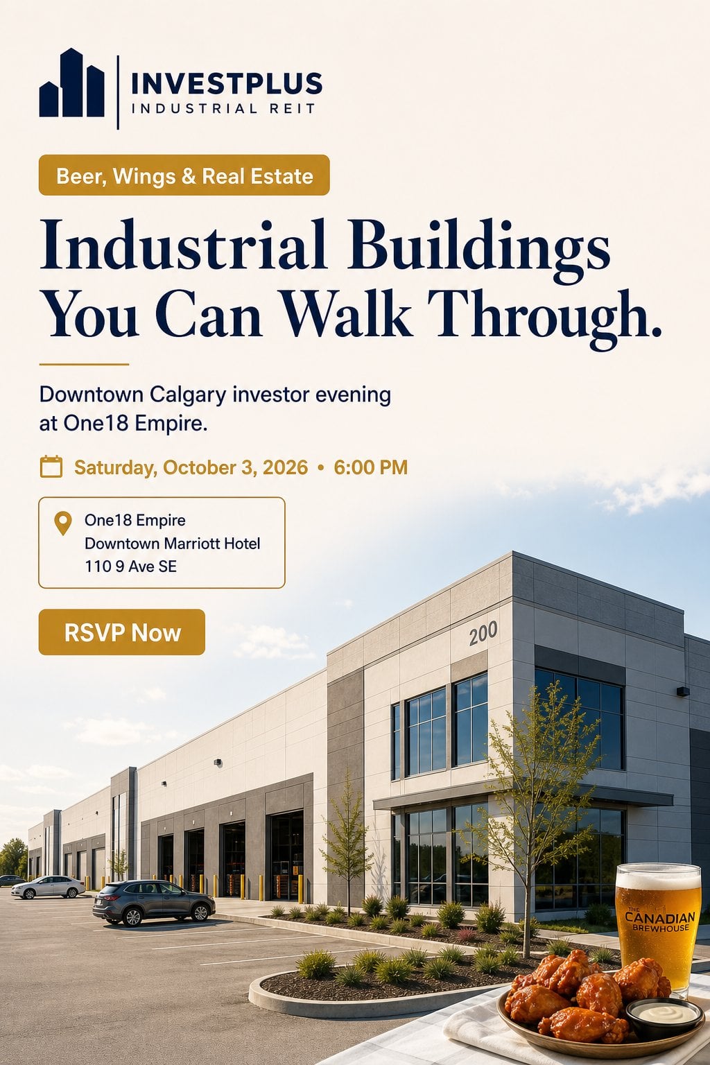 Event poster for InvestPlus Beer & Wings at One18 Empire on Oct 3, 2026