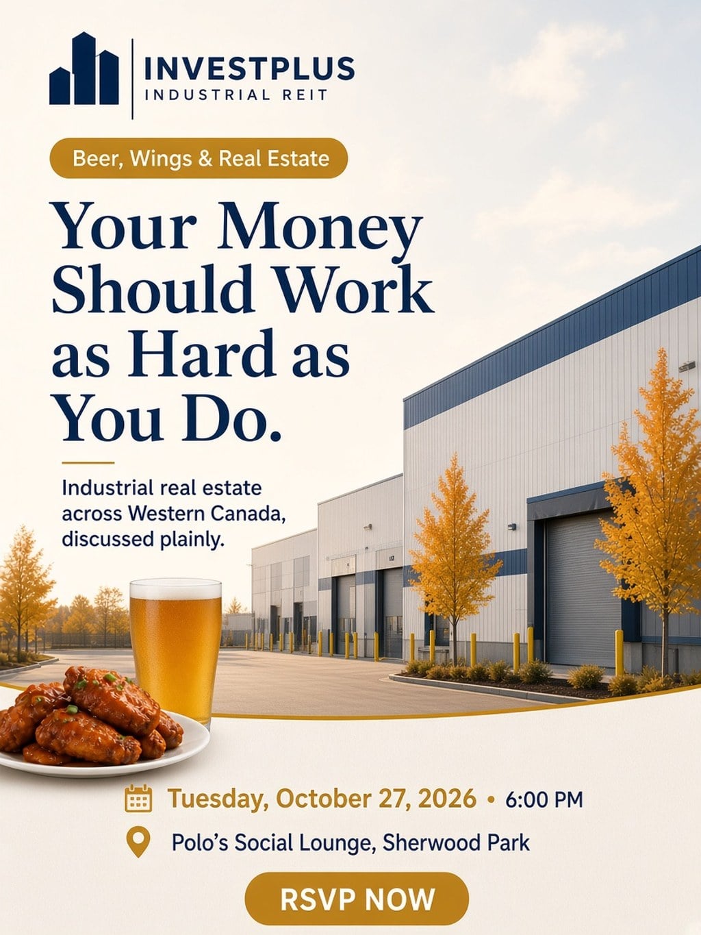 Event poster for InvestPlus Beer & Wings at Polo's Lounge on Oct 27, 2026