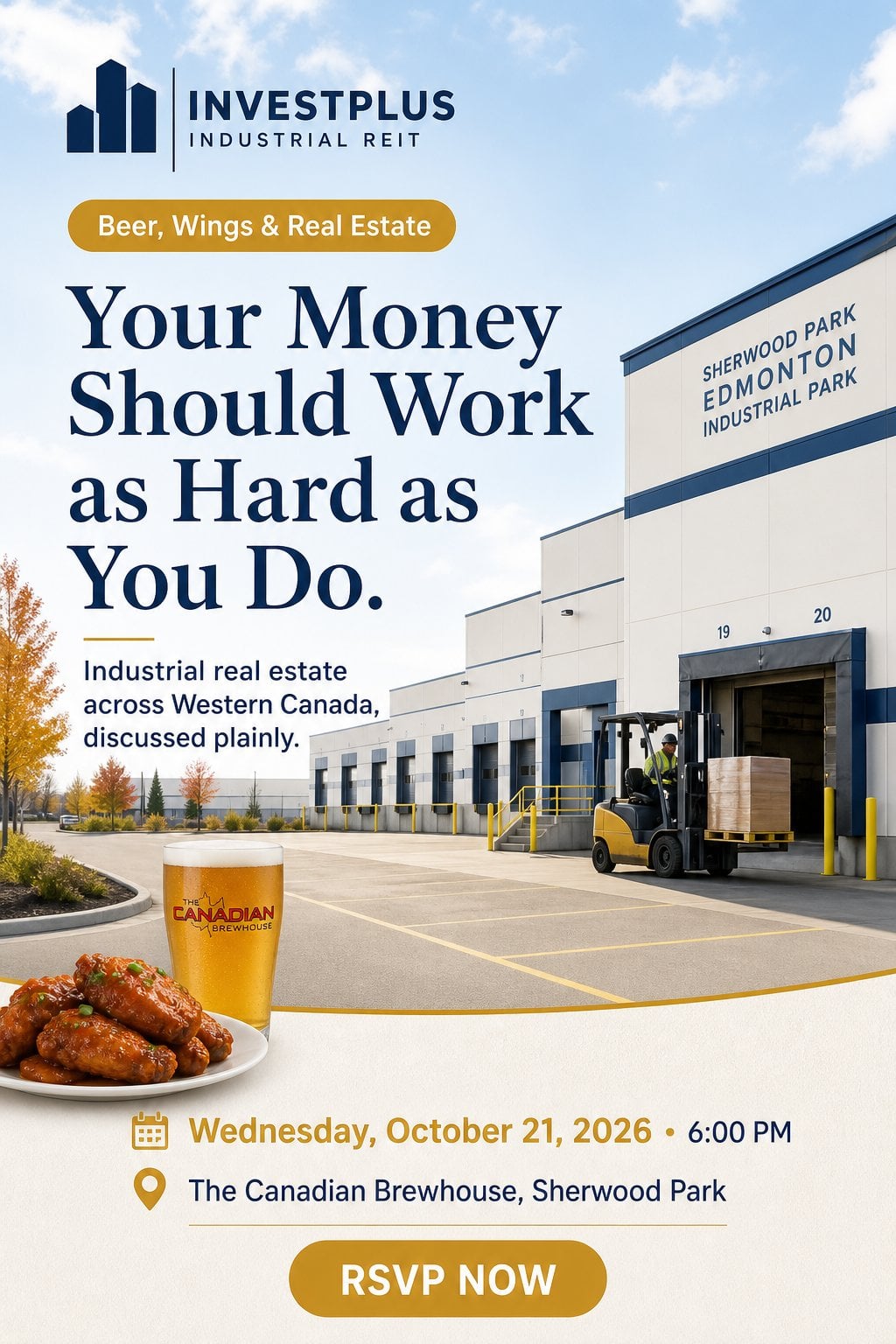 Event poster for InvestPlus Beer & Wings at Sherwood Park on Oct 21, 2026