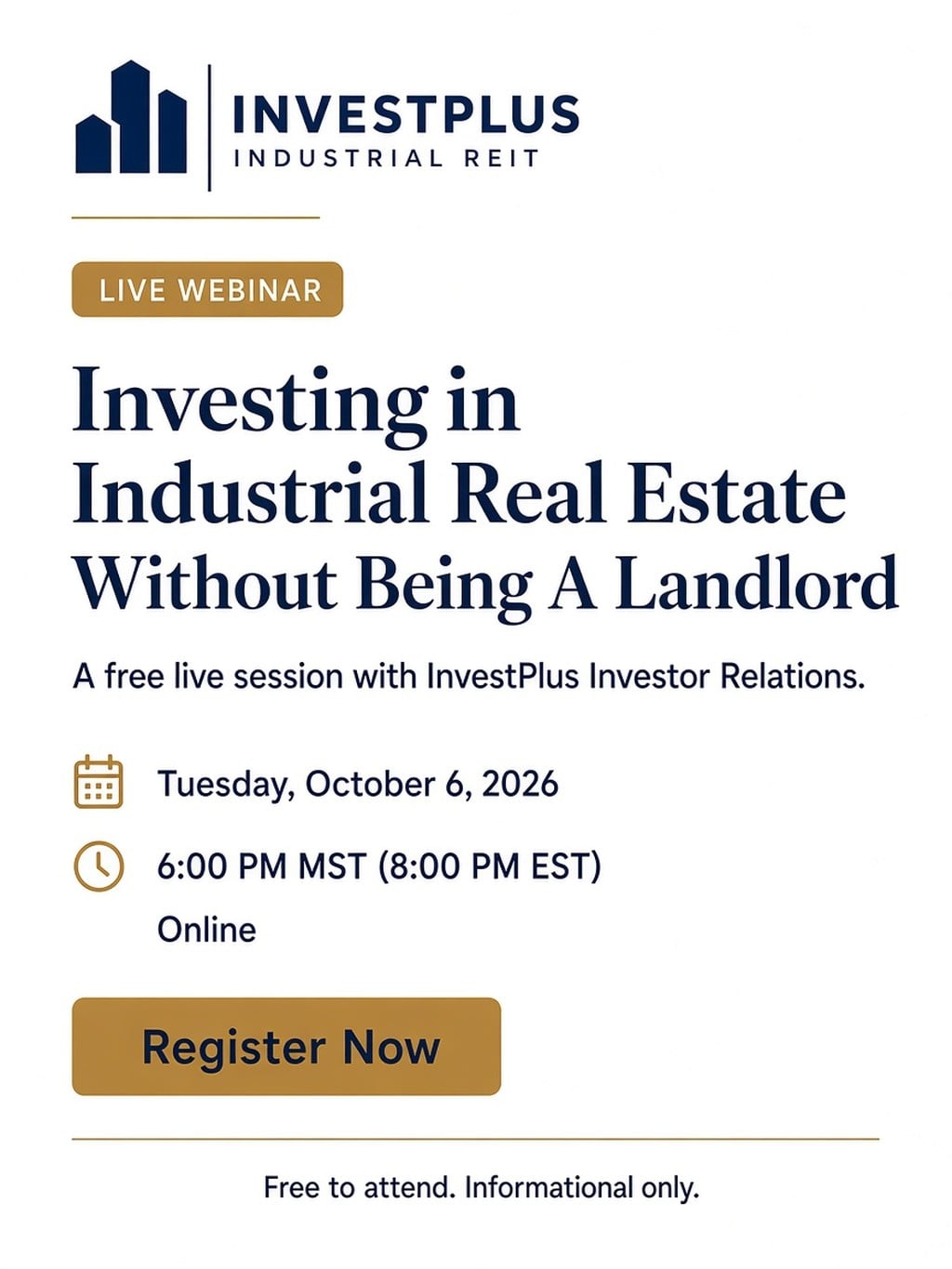 Event poster for InvestPlus webinar on Oct 6, 2026: Investing in Industrial Real Estate Without Being A Landlord